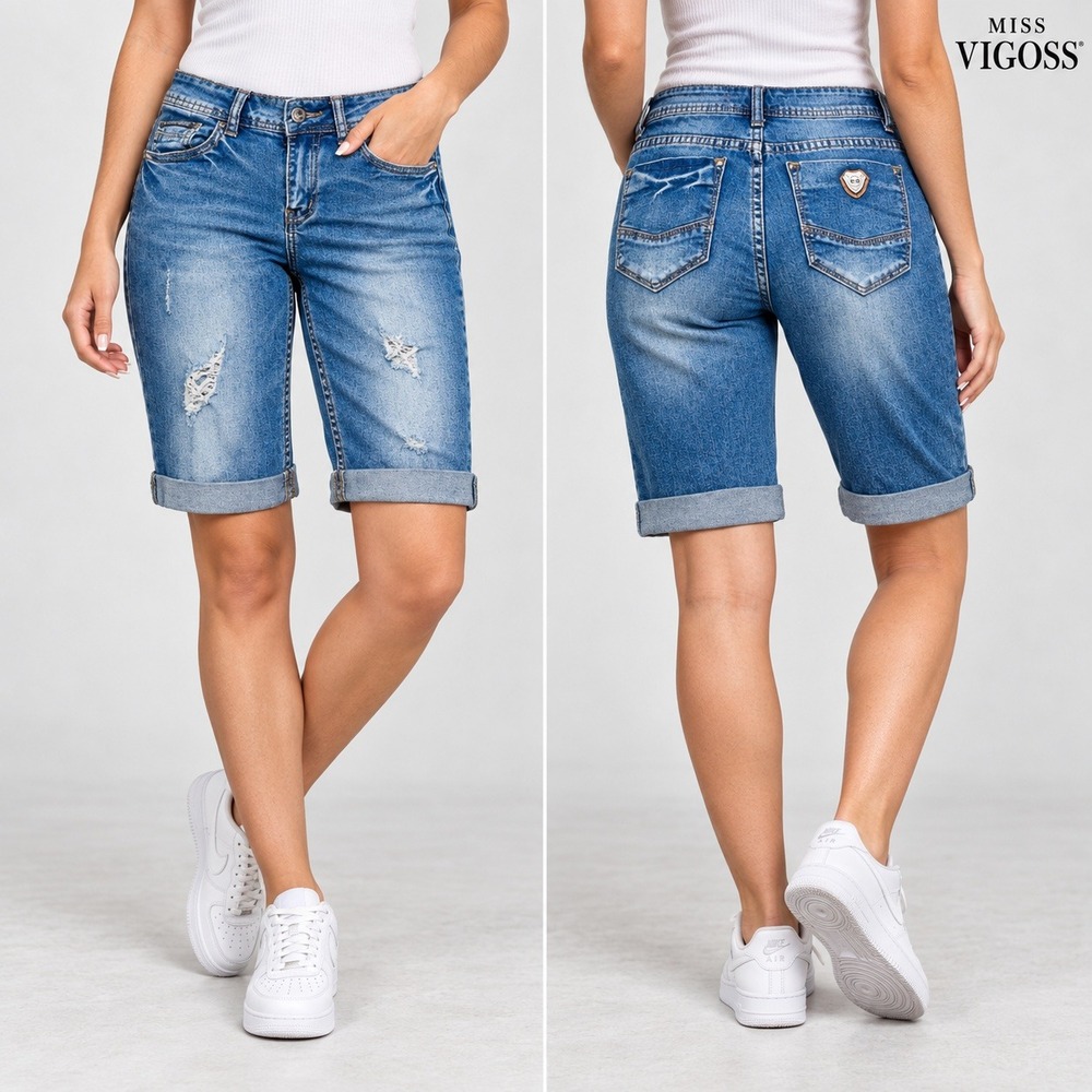 Miss Vigoss Bermuda Denim Shorts Womens 25 Regular Distressed Cuffed Stretch Y2K